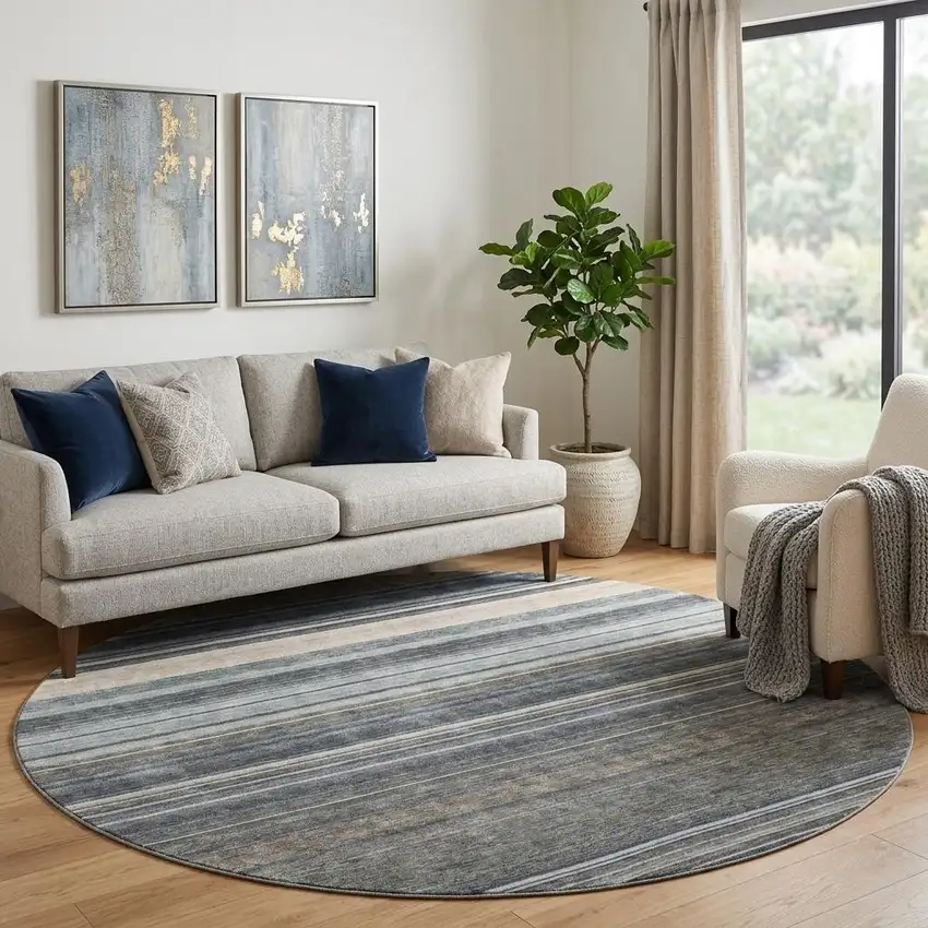 8' Taupe Beige And Gray Striped Washable Round Rug With UV Protection Photo 1