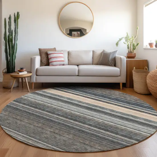 8' Taupe Beige And Gray Striped Washable Round Rug With UV Protection Photo 3