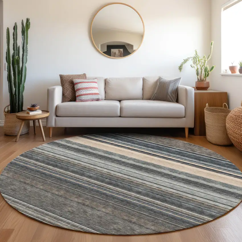 8' Taupe Beige And Gray Striped Washable Round Rug With UV Protection Photo 3