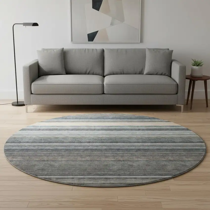 8' Taupe Beige And Gray Striped Washable Round Rug With UV Protection Photo 2