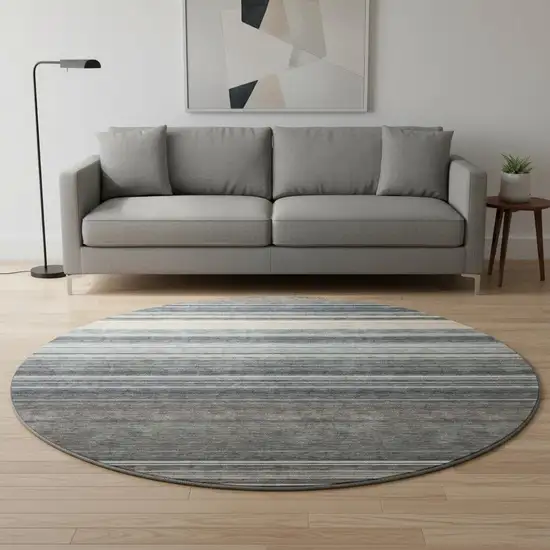 8' Taupe Beige And Gray Striped Washable Round Rug With UV Protection Photo 2