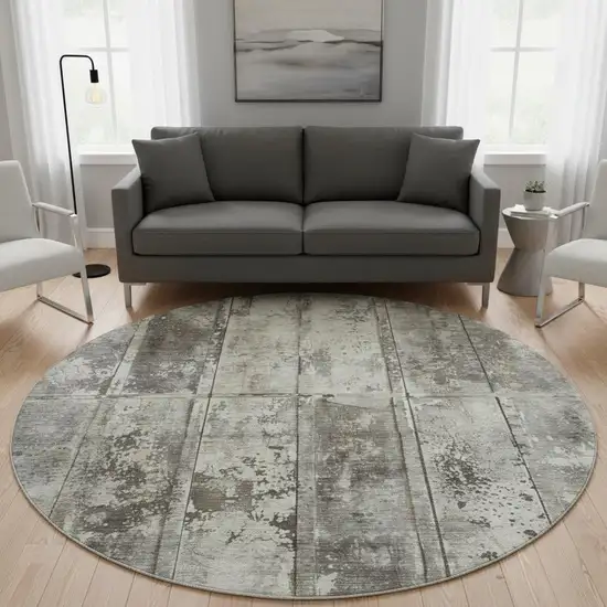 8' Taupe Beige And Gray Striped Washable Round Rug With UV Protection Photo 2