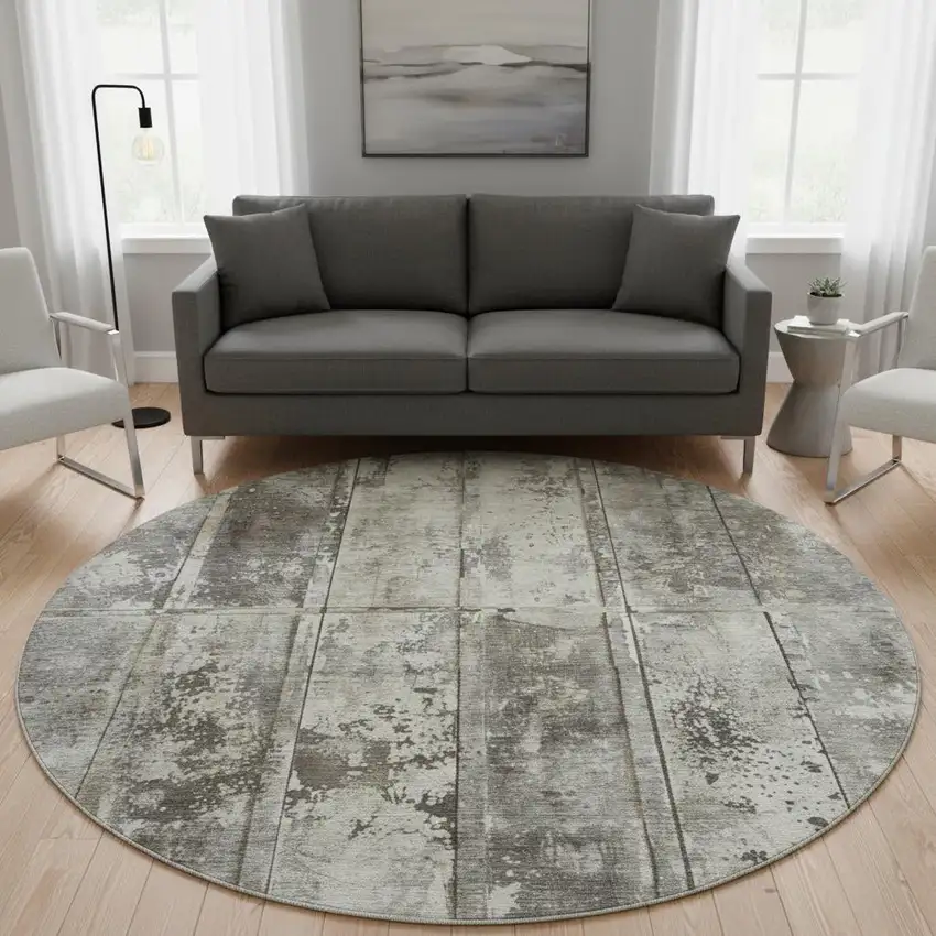 8' Taupe Beige And Gray Striped Washable Round Rug With UV Protection Photo 2