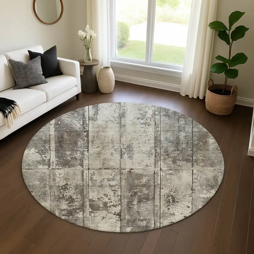 8' Taupe Beige And Gray Striped Washable Round Rug With UV Protection Photo 4