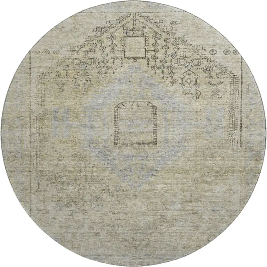 8' Taupe Beige And Gray Tribal Washable Round Rug With UV Protection Photo 1