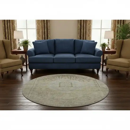 8' Taupe Beige And Gray Tribal Washable Round Rug With UV Protection Photo 2