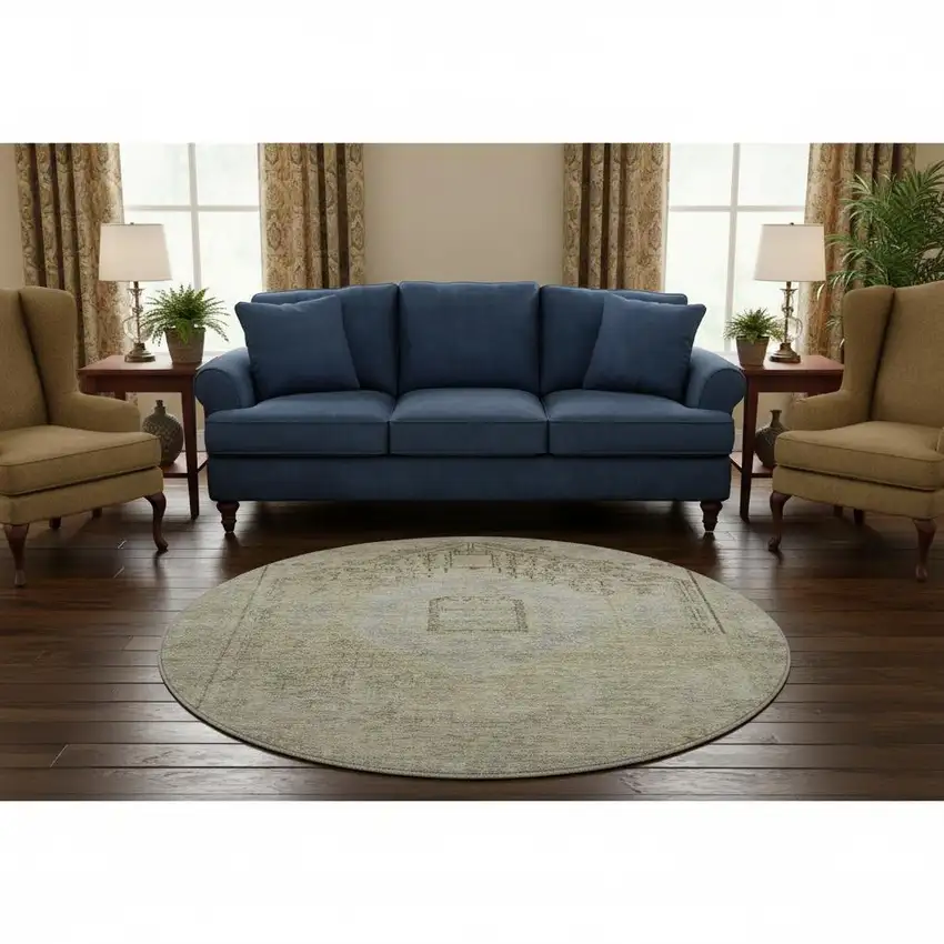 8' Taupe Beige And Gray Tribal Washable Round Rug With UV Protection Photo 2