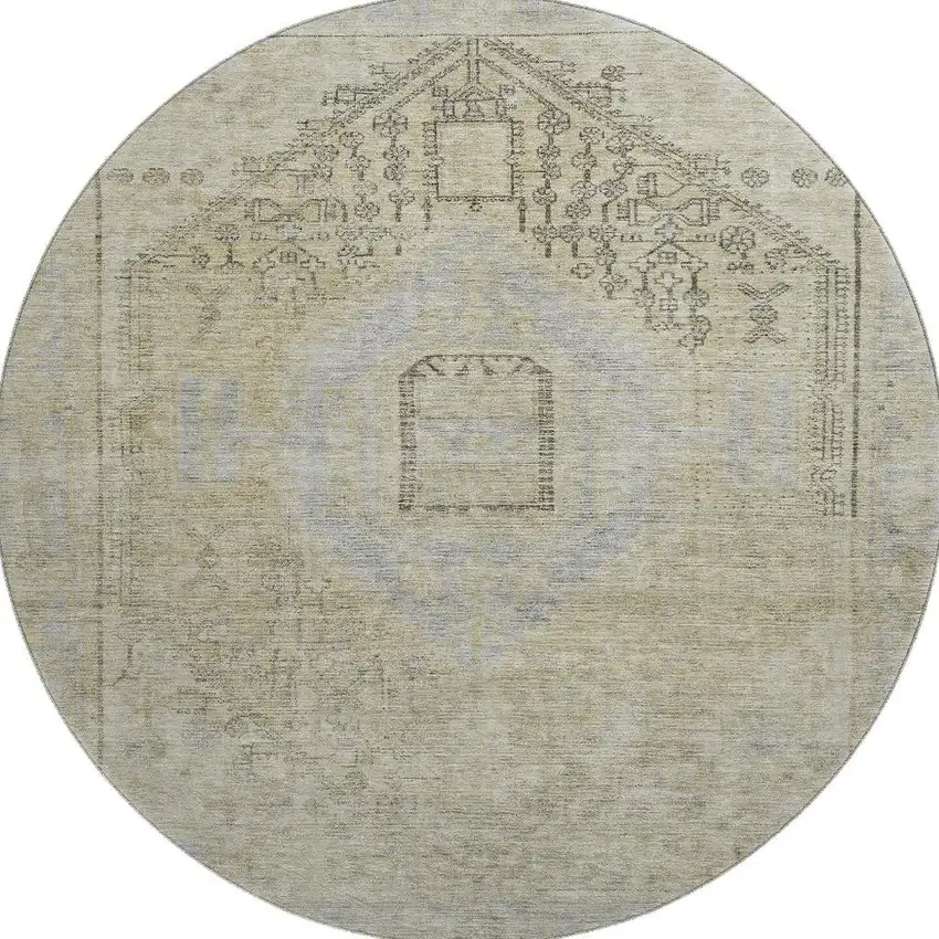 8' Taupe Beige And Gray Tribal Washable Round Rug With UV Protection Photo 3