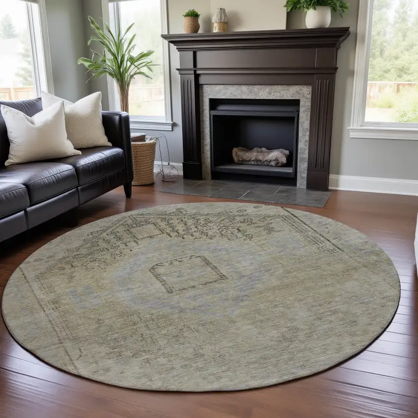 8' Taupe Beige And Gray Tribal Washable Round Rug With UV Protection Photo 4
