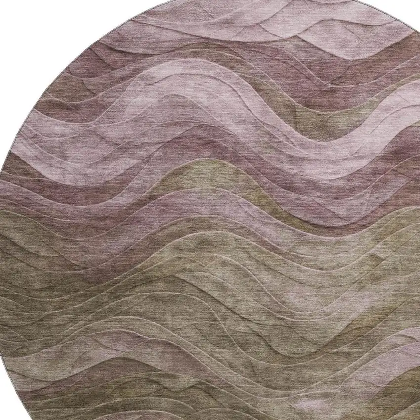 8' Taupe Beige And Green Abstract Washable Round Rug With UV Protection Photo 2