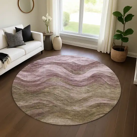 8' Taupe Beige And Green Abstract Washable Round Rug With UV Protection Photo 4
