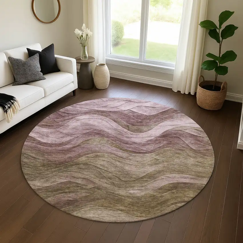 8' Taupe Beige And Green Abstract Washable Round Rug With UV Protection Photo 4