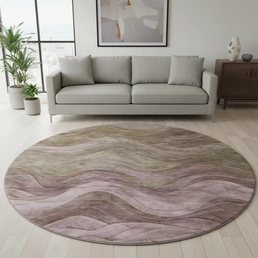 8' Taupe Beige And Green Abstract Washable Round Rug With UV Protection Photo 2