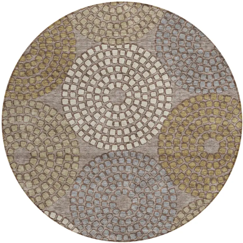 8' Taupe Beige And Green Round Geometric Washable Indoor Outdoor Area Rug Photo 2