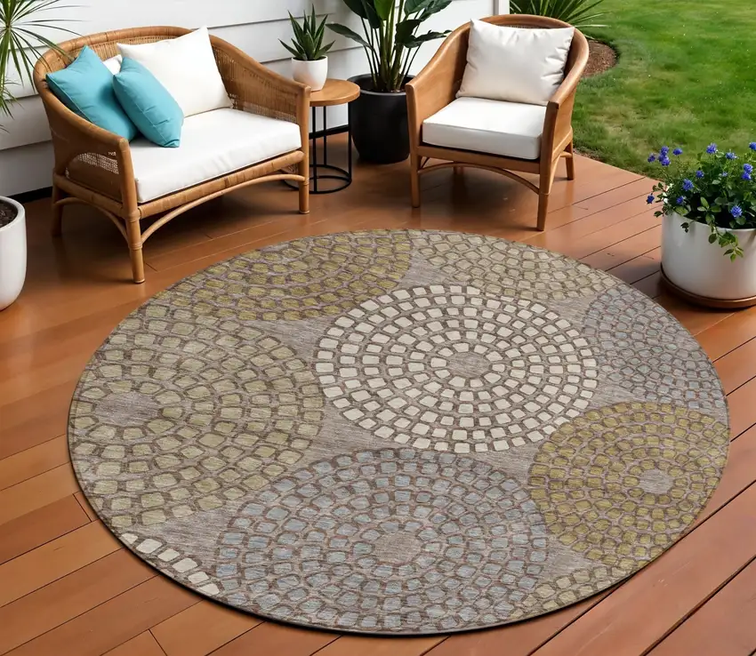 8' Taupe Beige And Green Round Geometric Washable Indoor Outdoor Area Rug Photo 1