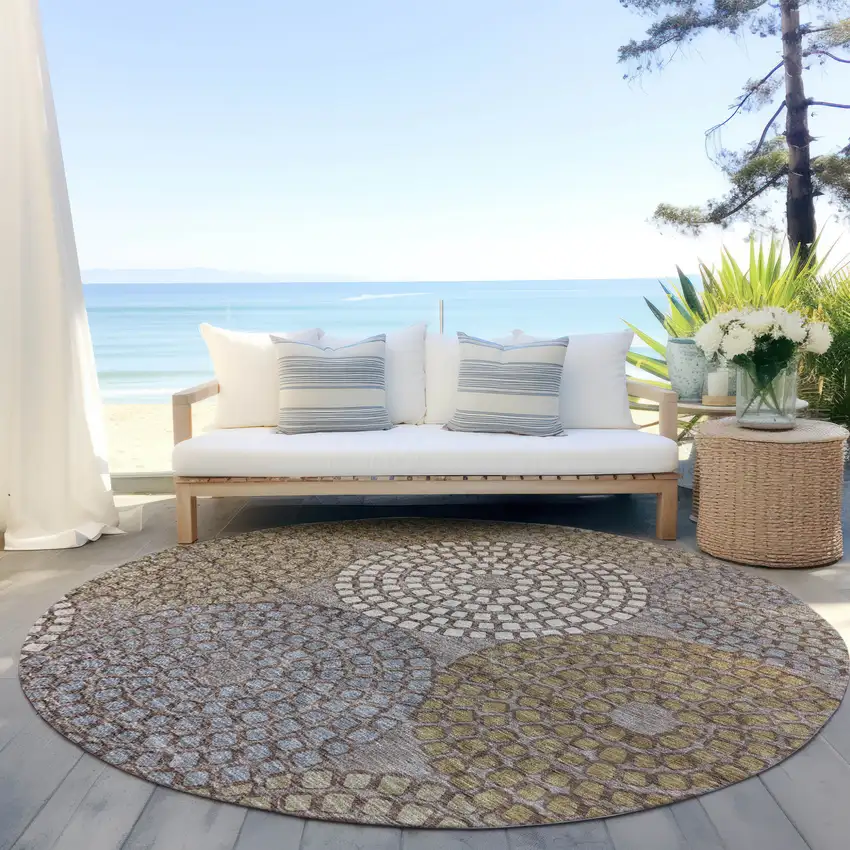 8' Taupe Beige And Green Round Geometric Washable Indoor Outdoor Area Rug Photo 7