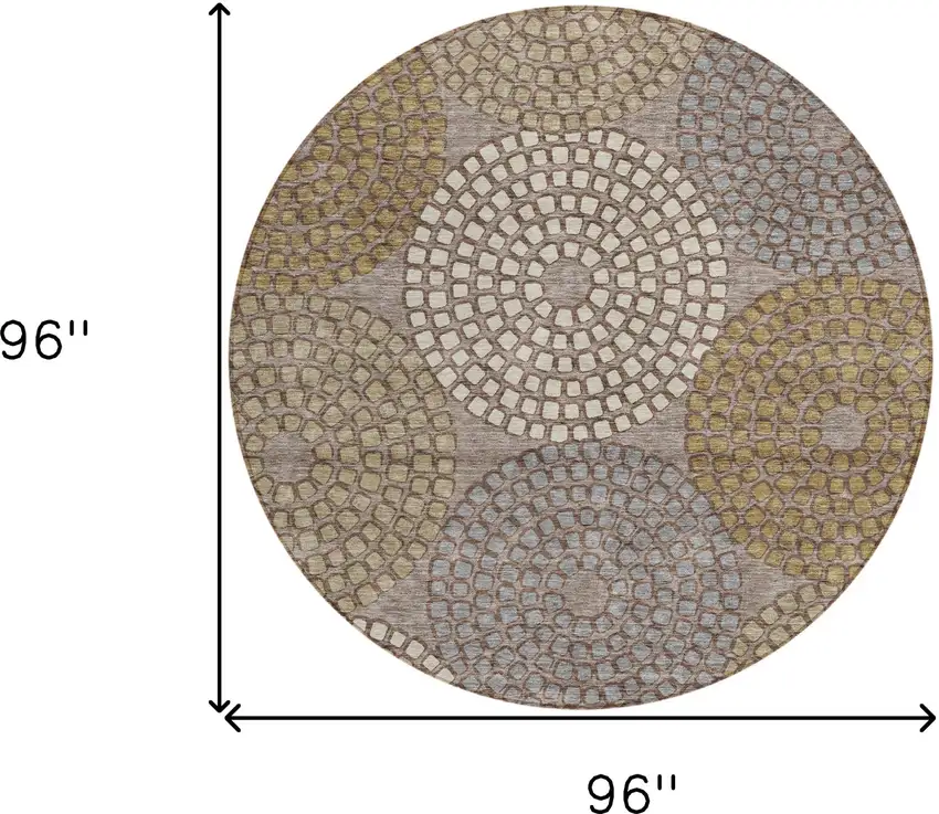 8' Taupe Beige And Green Round Geometric Washable Indoor Outdoor Area Rug Photo 3