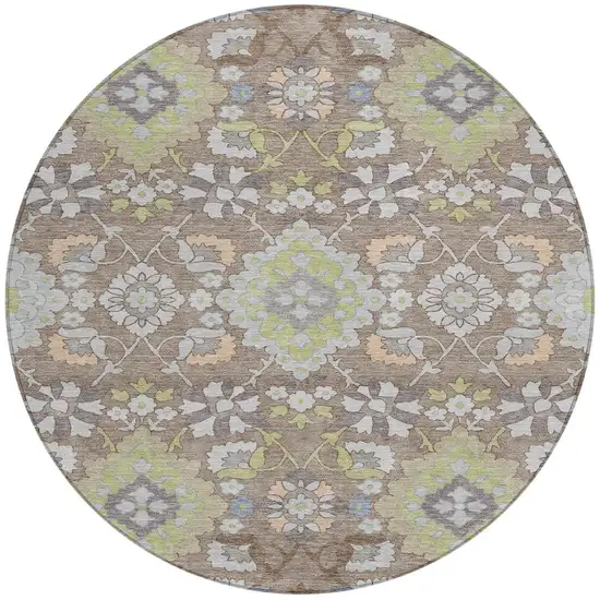 8' Taupe Beige And Green Round Oriental Washable Indoor Outdoor Area Rug Photo 6