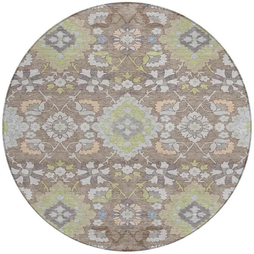 8' Taupe Beige And Green Round Oriental Washable Indoor Outdoor Area Rug Photo 6