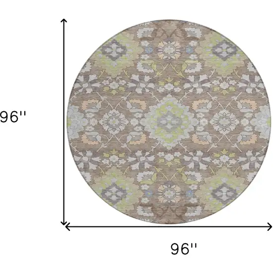 8' Taupe Beige And Green Round Oriental Washable Indoor Outdoor Area Rug Photo 3