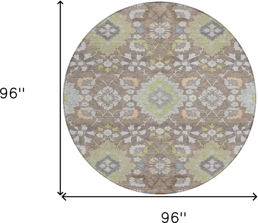 8' Taupe Beige And Green Round Oriental Washable Indoor Outdoor Area Rug Photo 3