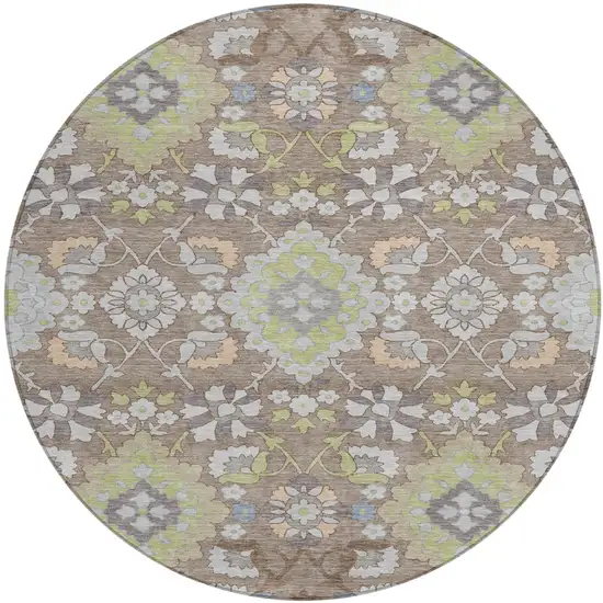 8' Taupe Beige And Green Round Oriental Washable Indoor Outdoor Area Rug Photo 2