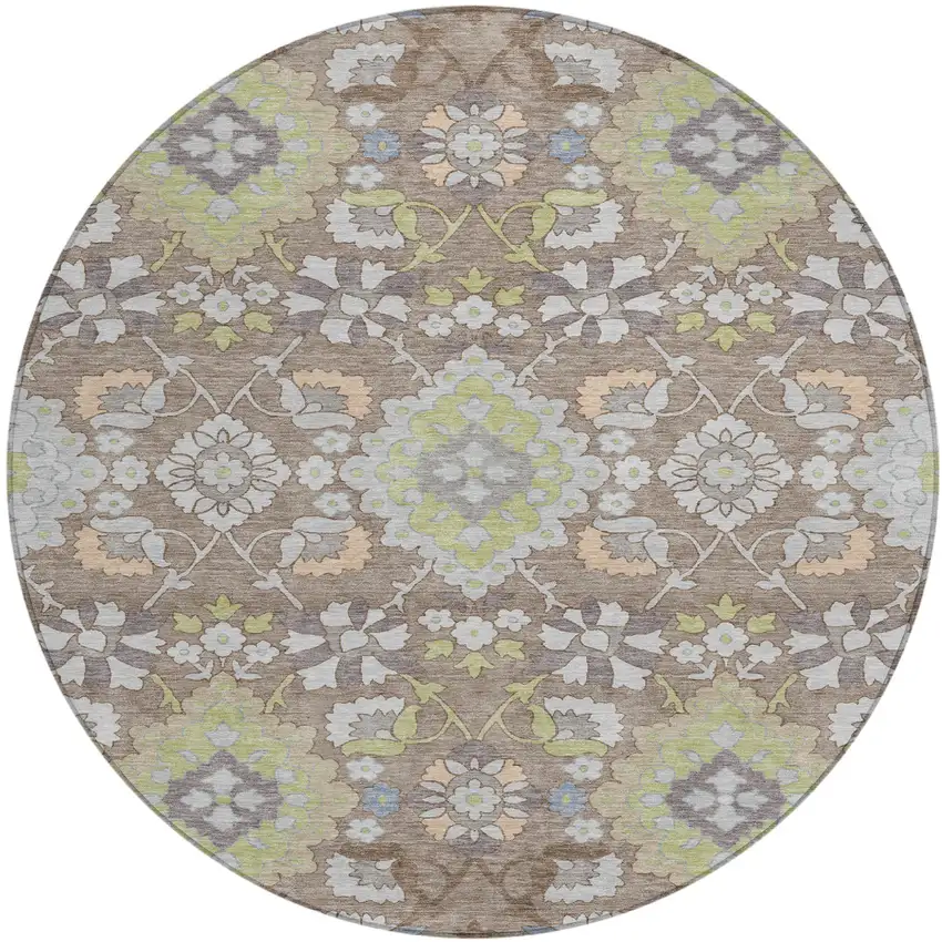 8' Taupe Beige And Green Round Oriental Washable Indoor Outdoor Area Rug Photo 2
