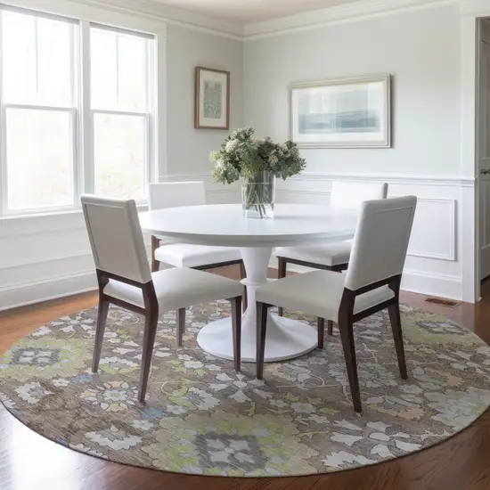 8' Taupe Beige And Green Round Oriental Washable Indoor Outdoor Area Rug Photo 8
