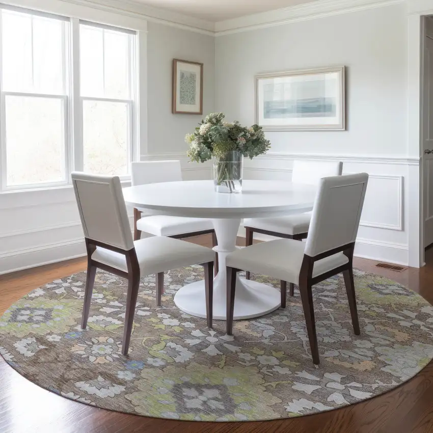 8' Taupe Beige And Green Round Oriental Washable Indoor Outdoor Area Rug Photo 8