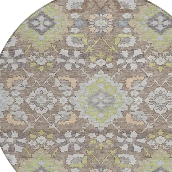 8' Taupe Beige And Green Round Oriental Washable Indoor Outdoor Area Rug Photo 5