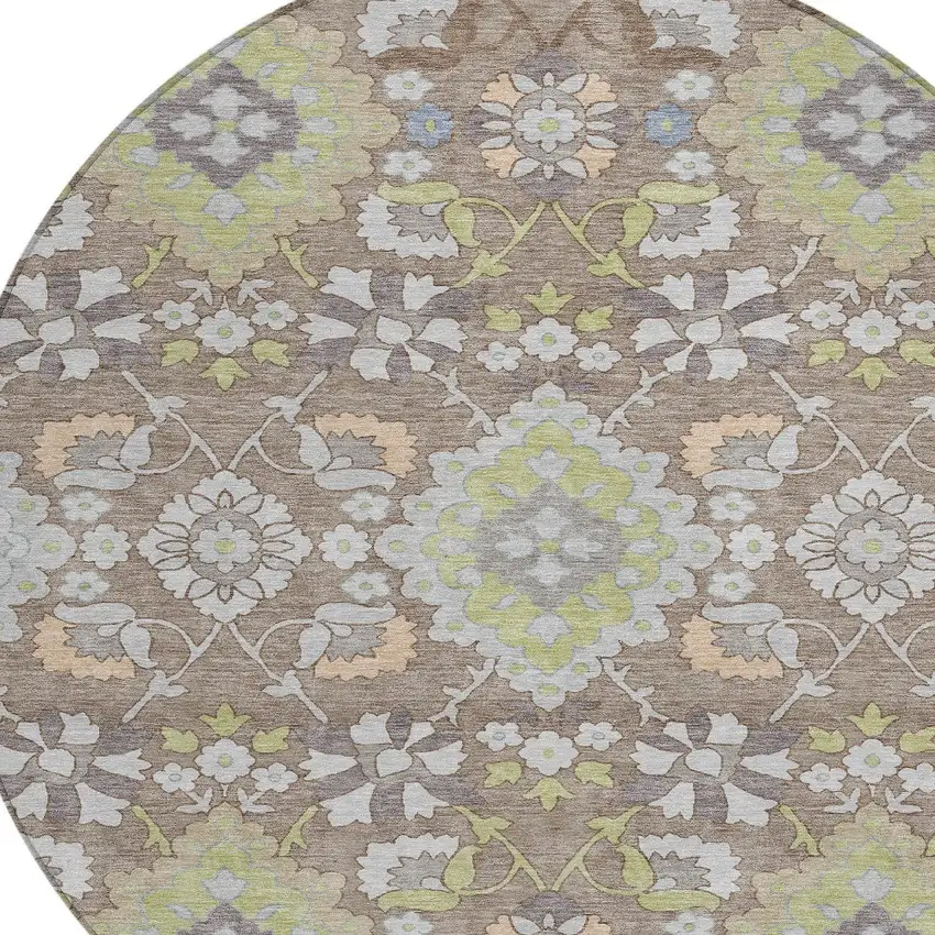 8' Taupe Beige And Green Round Oriental Washable Indoor Outdoor Area Rug Photo 5