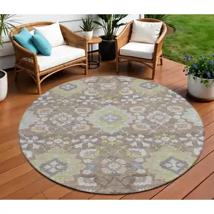 Photo of 8' Taupe Beige And Green Round Oriental Washable Indoor Outdoor Area Rug