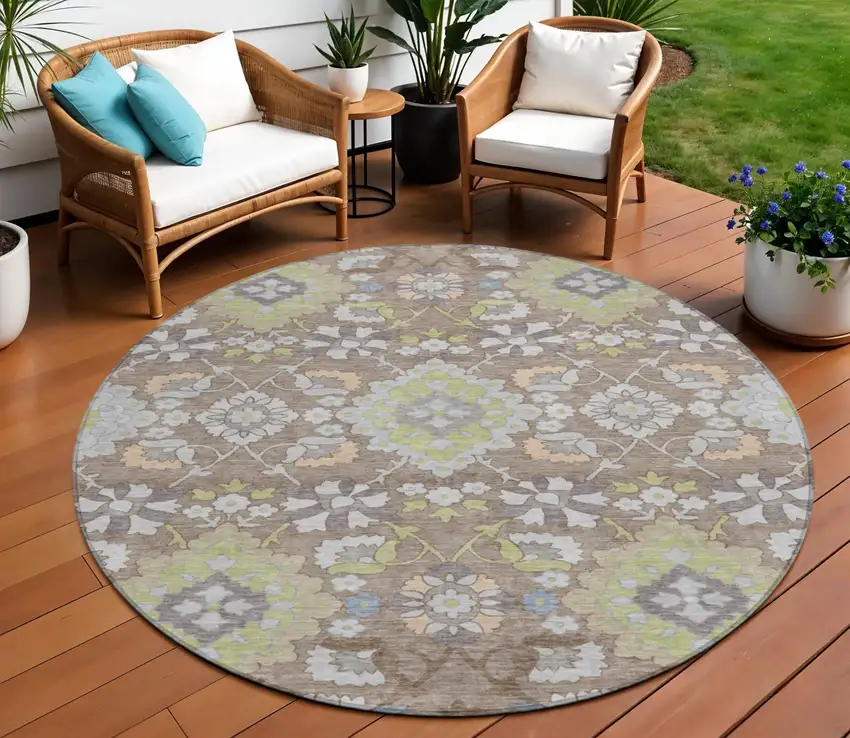 8' Taupe Beige And Green Round Oriental Washable Indoor Outdoor Area Rug Photo 1