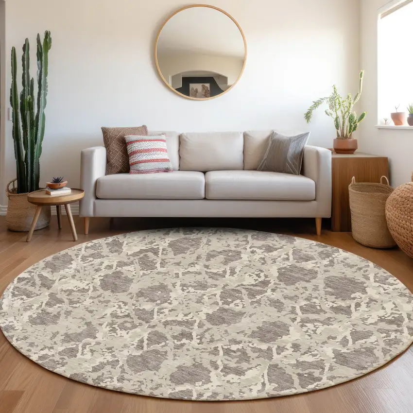 8' Taupe Beige And Ivory Abstract Washable Round Rug With UV Protection Photo 3