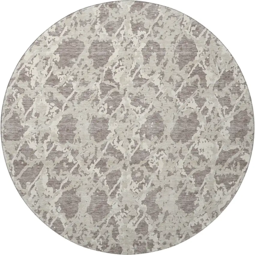 8' Taupe Beige And Ivory Abstract Washable Round Rug With UV Protection Photo 2