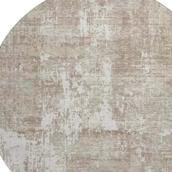 8' Taupe Beige And Ivory Abstract Washable Round Rug With UV Protection Photo 2