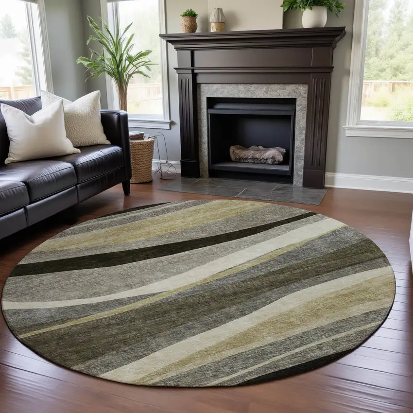 8' Taupe Beige And Ivory Abstract Washable Round Rug With UV Protection Photo 2