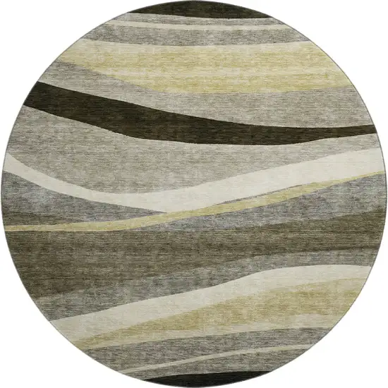 8' Taupe Beige And Ivory Abstract Washable Round Rug With UV Protection Photo 3