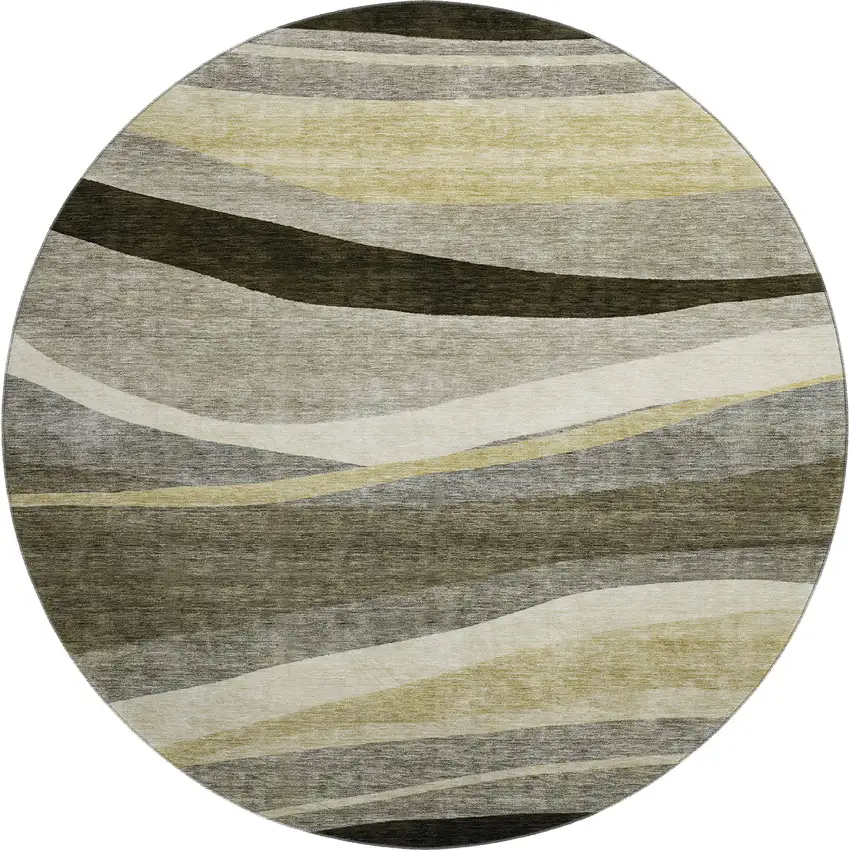 8' Taupe Beige And Ivory Abstract Washable Round Rug With UV Protection Photo 3