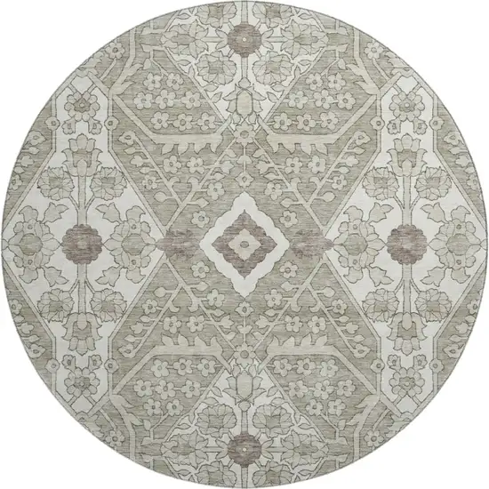 8' Taupe Beige And Ivory Floral Washable Round Rug With UV Protection Photo 2