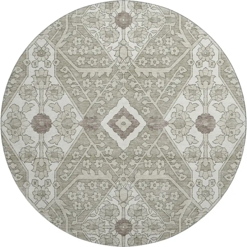 8' Taupe Beige And Ivory Floral Washable Round Rug With UV Protection Photo 2