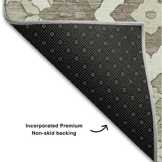 8' Taupe Beige And Ivory Floral Washable Round Rug With UV Protection Photo 7