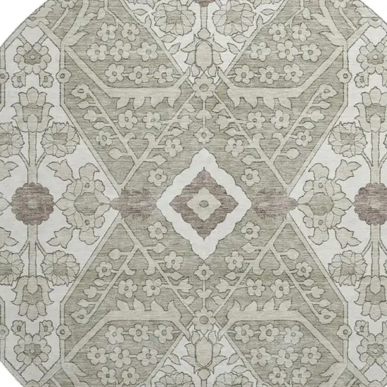 8' Taupe Beige And Ivory Floral Washable Round Rug With UV Protection Photo 4