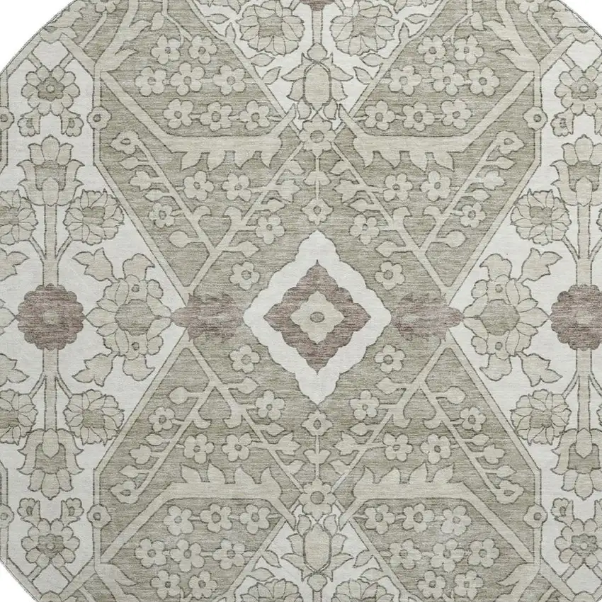 8' Taupe Beige And Ivory Floral Washable Round Rug With UV Protection Photo 4