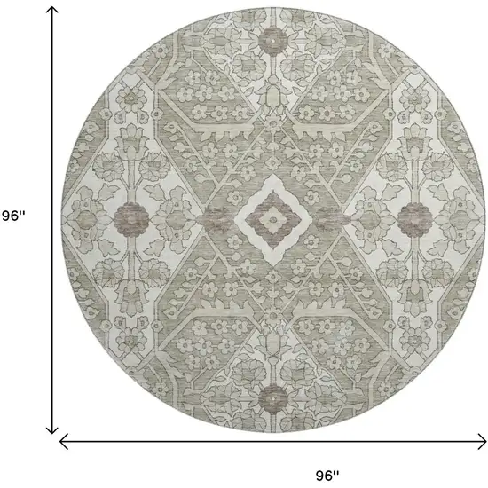 8' Taupe Beige And Ivory Floral Washable Round Rug With UV Protection Photo 3