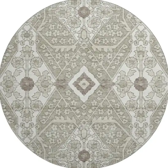 8' Taupe Beige And Ivory Floral Washable Round Rug With UV Protection Photo 5