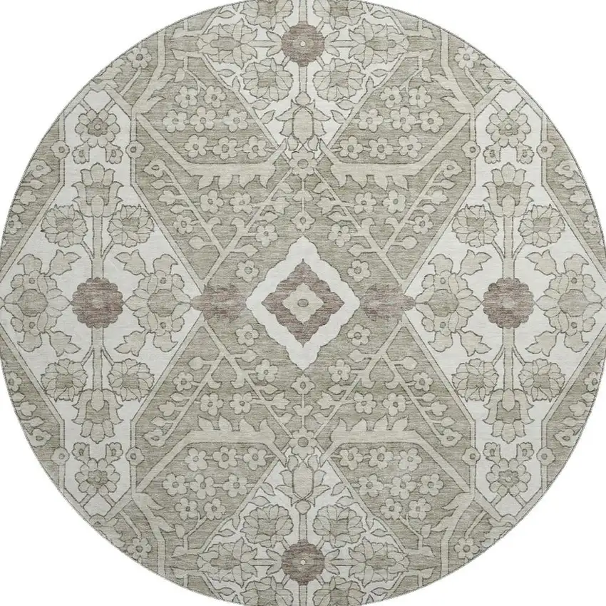 8' Taupe Beige And Ivory Floral Washable Round Rug With UV Protection Photo 5