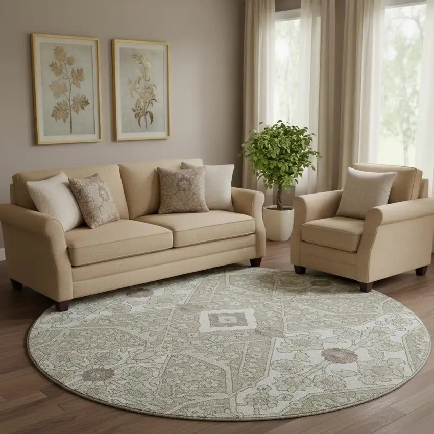 8' Taupe Beige And Ivory Floral Washable Round Rug With UV Protection Photo 1