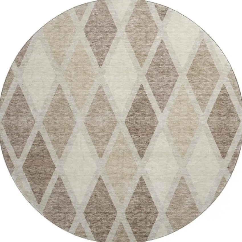 8' Taupe Beige And Ivory Geometric Washable Round Rug With UV Protection Photo 4