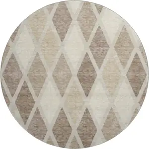Photo of 8' Taupe Beige And Ivory Geometric Washable Round Rug With UV Protection
